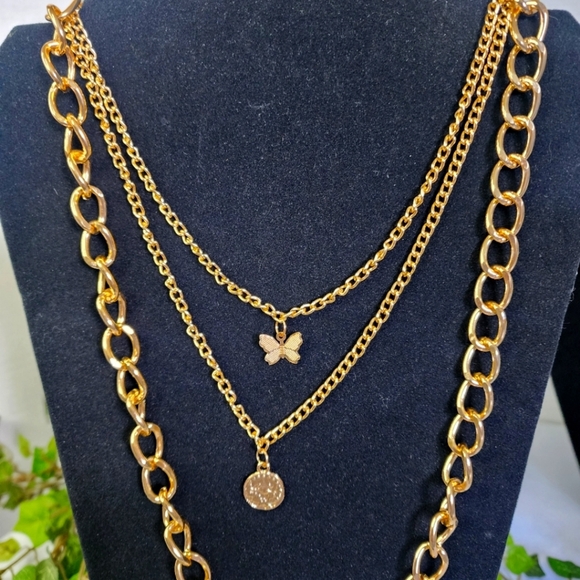 3 Strand Gold Chain Stack Necklace New - Picture 3 of 6